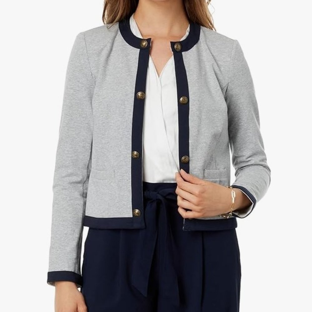 Tommy Hilfiger NEW Women Gray Heather Contrast Trim Open Front Jacket M